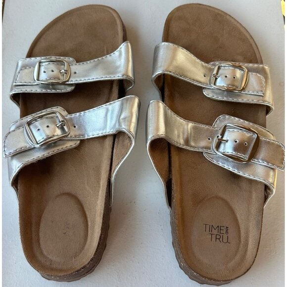 Time & Tru Metallic Silver Sandals w/Tan Cork Bottom Women's Size 9 (READ) - Picture 2 of 12